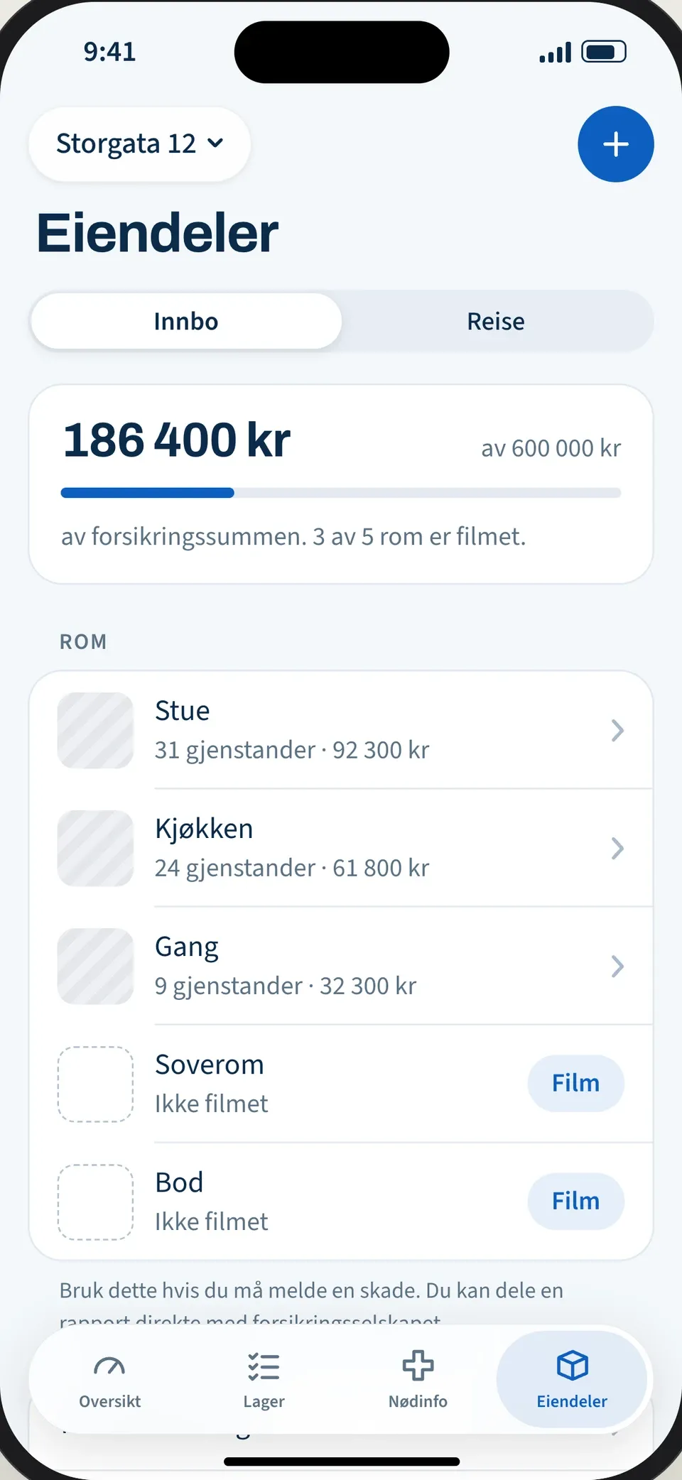 Eiendeler med samlet verdi og rommene stue, kjøkken, gang, soverom og bod.