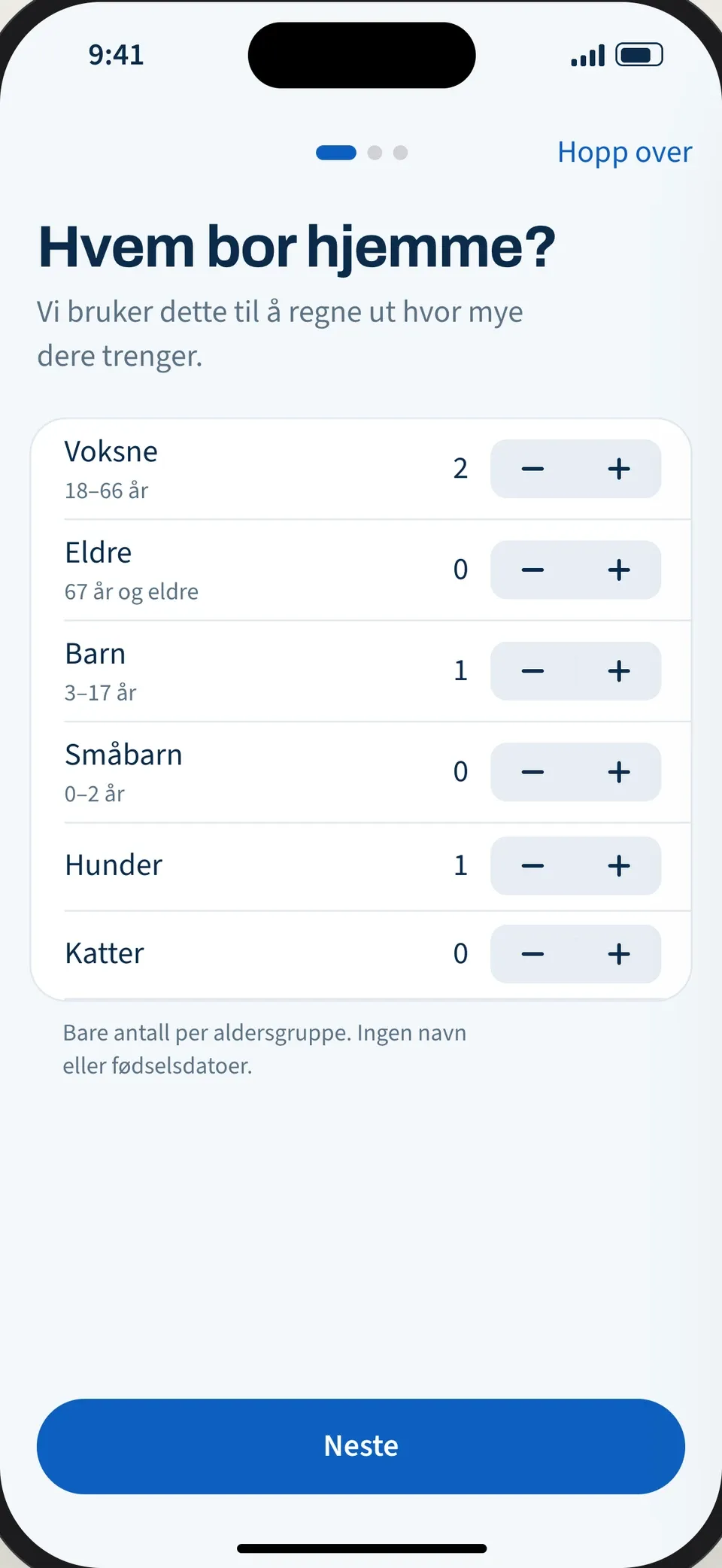 Skjermen «Hvem bor hjemme?» med antall voksne, eldre, barn, småbarn, hunder og katter.
