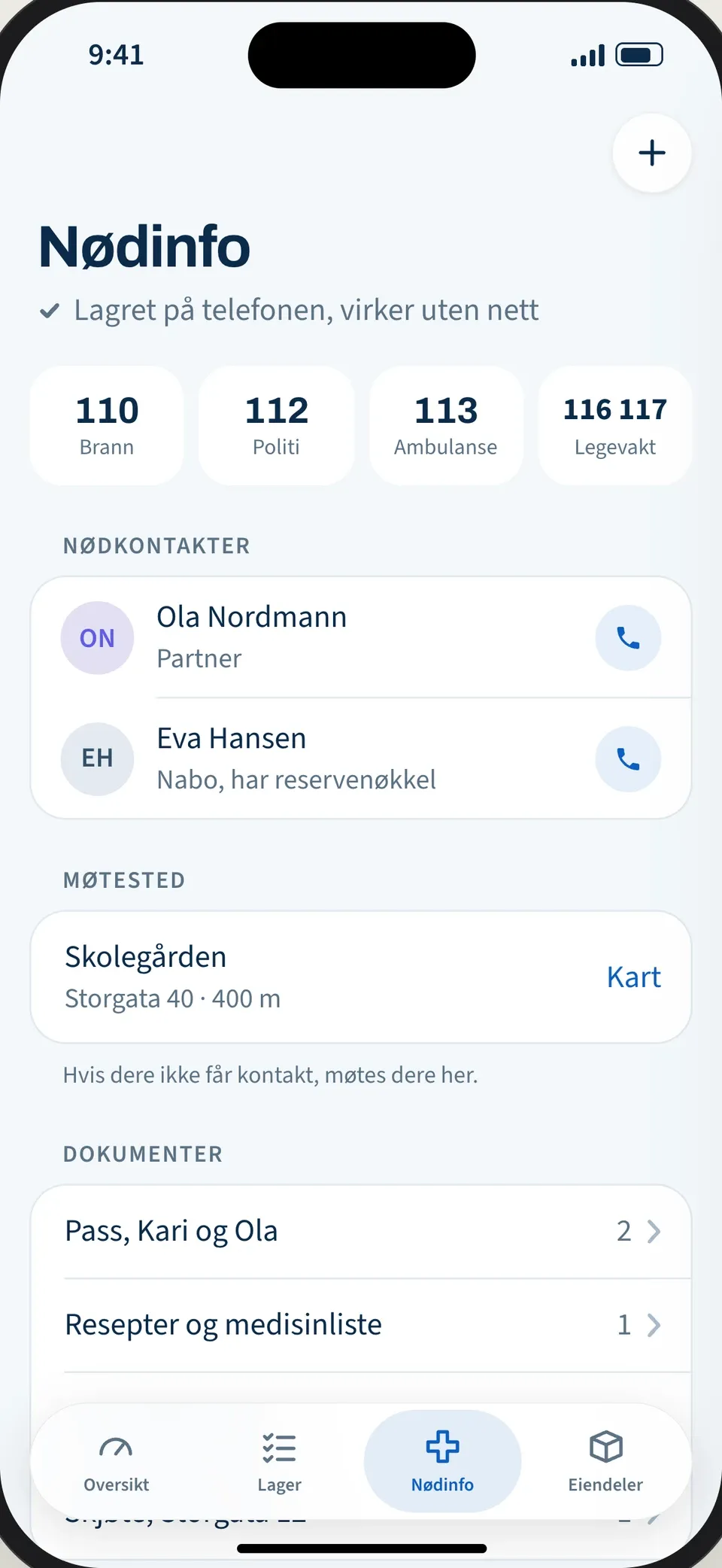 Nødinfo med nødnumrene 110, 112, 113 og 116 117, to nødkontakter, møtested og dokumenter.