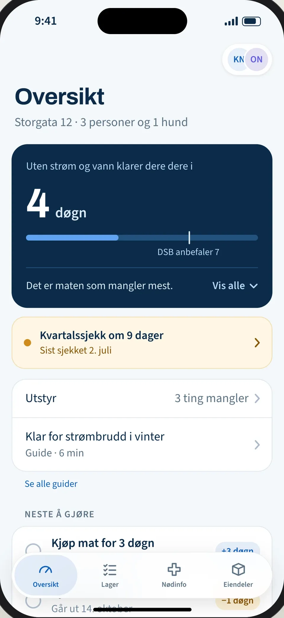 Oversikt i appen: «Uten strøm og vann klarer dere dere i 4 døgn», med kvartalssjekk og neste å gjøre under.