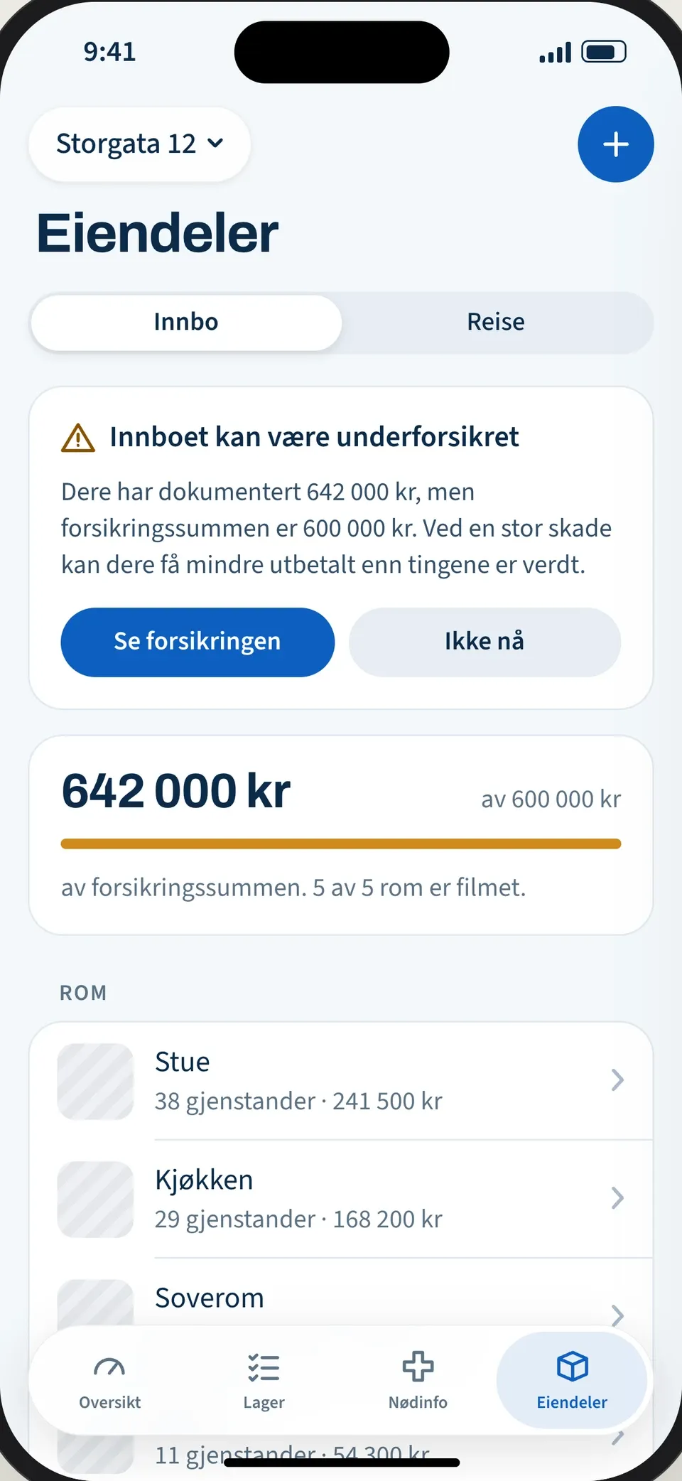 Eiendeler med varselet «Innboet kan være underforsikret»: dokumentert 642 000 kr mot en forsikringssum på 600 000 kr.